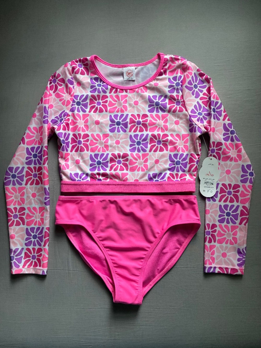 NEW wonder nation Pink floral check print Long-Sleeve Rashguard Bikini Set
